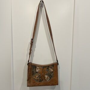 Frye Melissa Distressed Embroidered Floral Leather Shoulder Bag Tote Boho